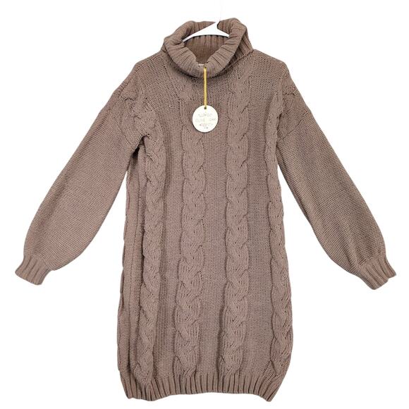 NWT Olive & Oak Women's S Iced Mocha Cable Knit Turtleneck Mini Sweater Dress - Picture 1 of 6